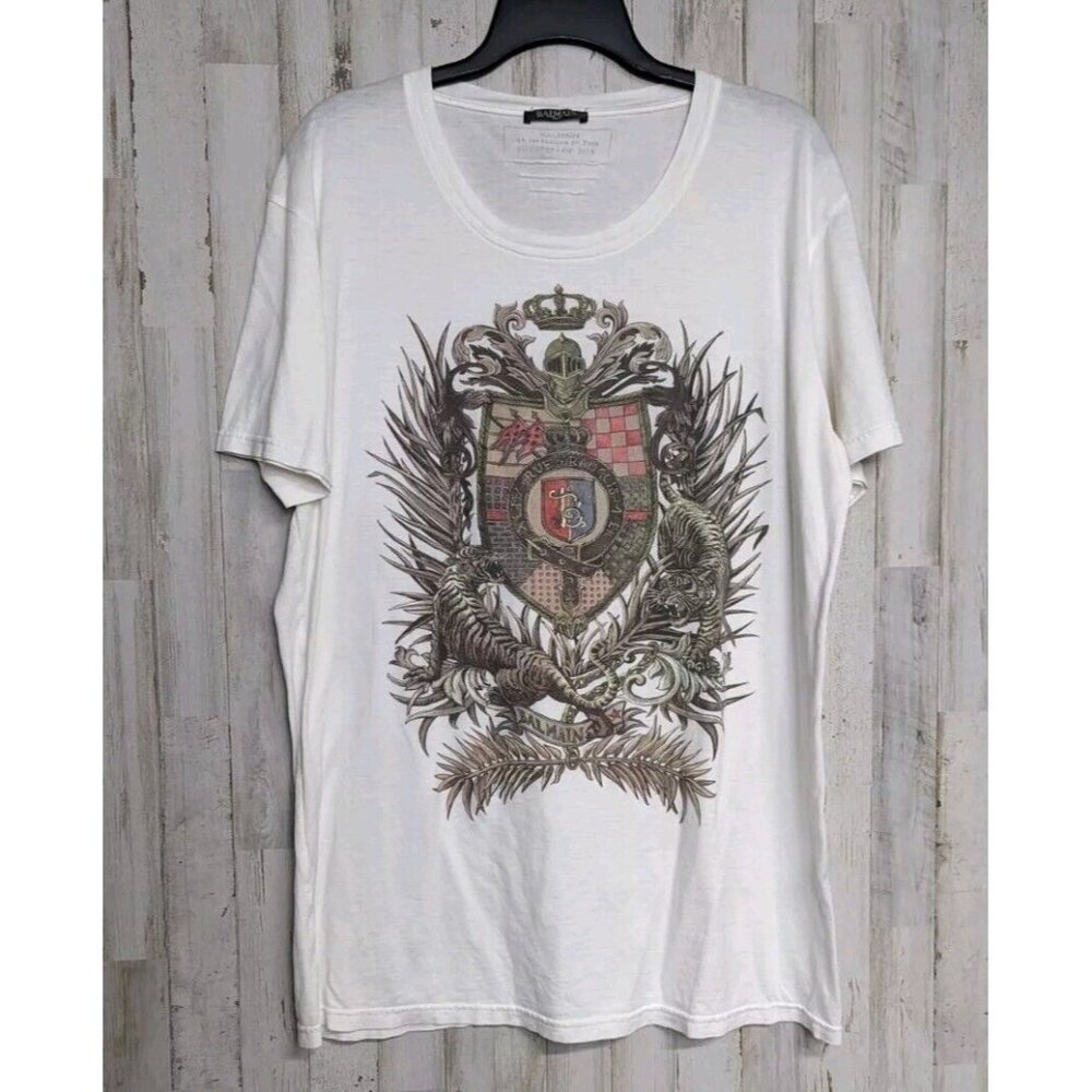 Balmain White Short Sleeve Tee with Ornate Design